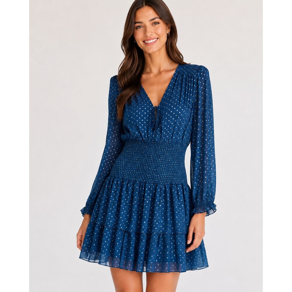 Aqua Tall Teal Silver Metallic Polka Dot Dress Smocked Waist Long Sleeve Ruffle